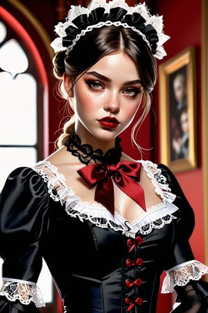 Comic illustration of the woman in a Gothic Lolita outfit. She has a small face size, and a sharply defined jawline tapering to a pointed chin. Fair, unblemished skin smooth and clear and almost translucent. Lip color fades out toward the edge of the lips, creating a subtle, natural look. Natural makeup highlights flawless skin and creates the illusion of bigger eyes. A small pouch of skin under the eyes. The outfit consists of a layered skirt in red and black with lace trim, a black blouse with ruffled sleeves, and a corseted waist cincher in a contrasting color. She wears a matching headpiece with ribbons and lace, black gloves, and high-heeled Mary Jane shoes. The style is intricate and romantic, with a color palette that emphasizes the Gothic influence. The woman's expression is soft and contemplative, adding to the mysterious and refined atmosphere of the scene. Shot on Olympus OM20. Portrait lens. urban, minimalist, high-contrast, oblique view, chic individuals posing, tailored suits, statement accessories, luxurious fabrics, bold patterns, confidence, engaging with camera, fashion district, geometric architecture, dramatic spotlight, abstract, crisp edges,