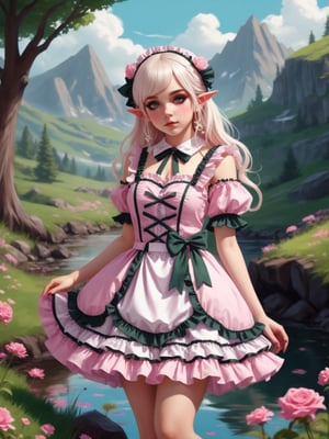 Illustrate an elf girl in frilly sweet lolita clothing in a bold graphic style. Experiment with with wild unrealistic colors. Landscape.
