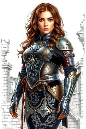 A  marker drawing of a female figure in a rave fashion style armor ensemble standing on castle battlements. She has long, wavy hair elaborately styled, and her makeup is dramatic with bold eyes. The figure stands confidently, with a slight turn to her posture, showcasing the complexity of her armor. The lighting is carefully placed to enhance the reflective qualities of the metal and the shadows created by the detailed filigree. Paulina2. Womancore. Highly detailed. 64k, Ultra dynamic range. 
