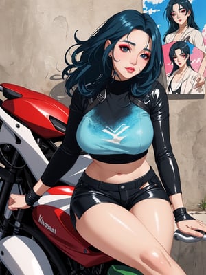 Painting in the style of prismatic portraits, beautiful landscapes, hyperrealistic precision, digital art techniques, impressionist: dappled light, bold, colorful portraits, wide angle. A young Korean girl in a crop top and leather shorts sitting on a Kawasaki Ninja 400 motorcycle next to the wall. High nose bridge, doe eyes, sharp jawline, plump lips, k-pop makeup. Soft lighting wraps around her face, accentuating every curve and crease. Cluttered maximalism. Womancore. Mote Kei. Extremely high-resolution details.,Anime