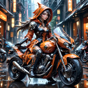 Hyperrealistic vision of a female witch wearing orange haute couture blending stainless steel and translucent acrylic parts. Half smile. She is sitting on Zero SR/F motorcycle. Cyberpunk city in the background. Rain. Close up. High angle. High-resolution details, digital artwork, illustrative, painterly, matte painting, highly detailed. Cluttered maximalism.,hdsrmr,glass,real_booster