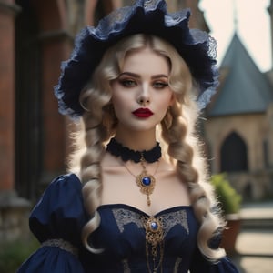 A witch dressed in a sapphire Gothic lolita outfit adorned with lace ruffles and floral embroidery is turning to look at the camera. She wears a gold necklace. Her blonde hair is styled in curly looks,  with ringlets,  slightly disheveled,  and blown away by the wind. Makeup creates a doll-like appearance with pale skin,  dark eyeliner,  and bold,  red lips. Castle entrance in the background. Ominous atmosphere,  Artstation,  Rembrandt lighting,  vibrant colors,  intricate details,  octane render,  64k,  photorealistic,  a masterpiece.,Wonder of Beauty,2b-Eimi,watercolor \(medium\)