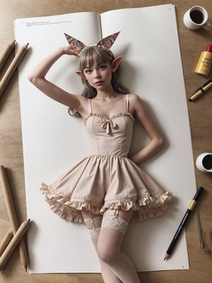 Create a simple but powerful illustration of an elf girl in frilly sweet lolita clothing in a surreal composition from magazine clippings.
