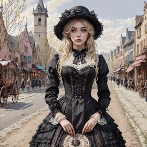 Hyperrealistic art young witch dressed in an willow Gothic Lolita dress embroidered with pastel lace patterns. Long blonde hair, wavy hair, slightly disheveled, and hair between her eyes, witch hat She is standing by a stagecoach in a town in the wild west. French nails. Extremely high-resolution details, photographic, realism pushed to extreme, fine texture, incredibly lifelike. Cluttered maximalism. Womancore. Dusk. High angle. Practical lighting. Masterpiece. ,lolita_dress,ani_booster,real_booster,Victorian