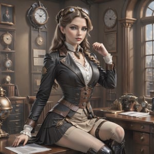 A stylishly poised woman occupies a steampunk office. She sits at a polished desk, adorned in a narrow long skirt, blouse, and a black jacket. Her attire is flawlessly accentuated by elegant black high heels and beige pantyhose. The image,  a stunning and meticulously crafted photograph,  captures the essence of sophistication and professionalism,  offering a glimpse into the world of modern success. Impressionist painting