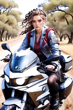 A portrait of a West Slavic female photographer surveying a savanna. She is wearing an pitch helmet, extravagant jacket, wool skirt, black tights, and ankle boots. She is riding a BMW K1600 Grand America motorcycle on a dirt road. She had her hair braided with ribbons. An empty savannah, deserted, scattered trees, bushes, grass. Professional, highly detailed. Masterpiece. Close-up shot. High angle. Super wide angle,