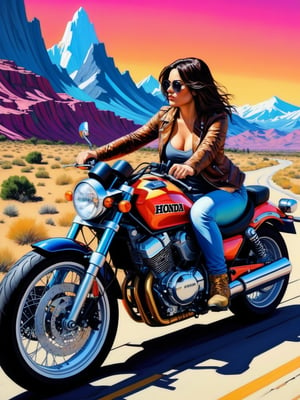 Painting of the woman sitting on a Honda Rebel 1100/DCT. Archigram. Wide angle. Cluttered maximalism. Extremely high-resolution details. beautiful landscapes, hyperrealistic precision, and digital art techniques. Split complementary color harmony.