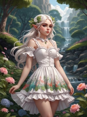 Illustrate an elf girl in frilly white lolita clothing in a bold graphic style. Experiment with with wild unrealistic colors. Landscape. Design an intricate, organic pattern with flowing lines and botanical motifs.
