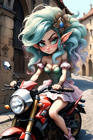 A caricature of an ethereal and skinny elf lady sitting on a Yamaha MT-15 motorcycle cutting a corner of a medieval city street. Beautiful hands, long fingers. The bodice of her 17c dress is stiff, boned, and closely fitted to the body to create a slender waist. Sleeves are full and puffed at the shoulder, narrowing towards the wrist. The skirt is elaborately embellished with embroidery, lace, and ribbons. Hair is styled high on the head, over a padded roll or frame, and is adorned with jewels and feathers. A small, delicate lace cap is worn, and hair is curled or frizzed around the face. Highly detailed. Cluttered maximalism, Pastel colors. Digital artwork, illustrative. Low-key lighting. Super wide angle, High angle.,