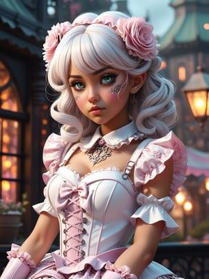 Create a simple but powerful illustration of an [elf|cyborg] in frilly sweet Lolita clothing. filigree, cluttered maximalism. Landscape. Cyberpunk.