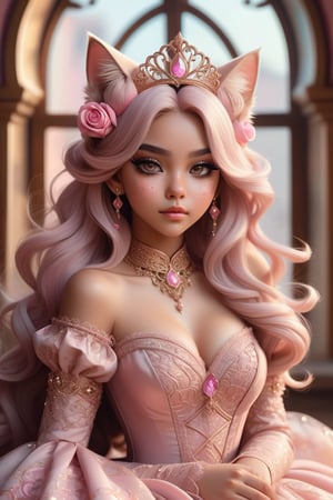 Digital art style, psychedelic, abstract, muted colors portrait of an Anime-style cat-girl princess in Middle Eastern-inspired pink Lolita fashion. Ornate rose-gold tiara with cat ears. Flowing pink gown with intricate arabesque patterns, layers of tulle and lace. Puffy sleeves, corset-style bodice. Long, wavy pastel hair. Large, expressive eyes. Delicate whisker marks on cheeks. Holding jeweled scepter. Opulent palace backdrop with arched windows, silk curtains. Soft, dreamy lighting. Blend of kawaii, royal, and Arabian Nights aesthetics