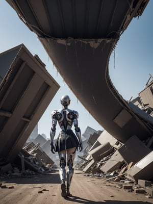 Illustration of a cyborg in a leather skirt, walking through a scrapyard. In the style of Deconstructivism. Sunlight, sense of awe-inspiring technology, speed, compositional tension and instability, highly modern style, and intellectual sophistication. A high-concept design with striking visual contrasts, using a mix of collage, pop art influences, and futuristic motifs. Wide angle. Cluttered maximalism. Extremely high-resolution details. beautiful landscapes, hyperrealistic precision, and digital art techniques. Close-up shot. High-angle, REALISTIC