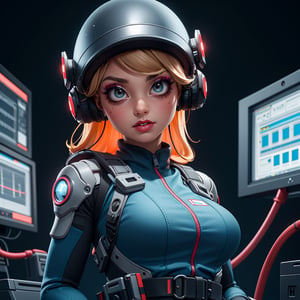 Photograph of a female cyborg. She is dressed in a metallic navy-colored jumpsuit with a combat harness, digital readings, USB ports, LED lights, and oscilloscope screens. She is wearing a big helmet with an attached visor and lights. Womancore,  diorama,  cluttered maximalism, 64k,  UDR,  HDR,  masterpiece,  high detail,  3D illustration,  high contrast,  ultra sharp. Top light.