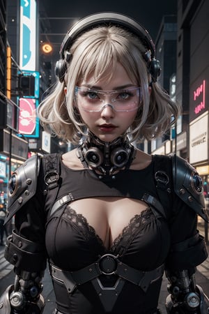 Tarot card with figure of a humanoid robot with visible cybernetic parts and a female face. It was dressed in a Gothic Lolita outfit adorned with lace and embroidery. Heterochromia. Helmet with serial number and barcode. High details, cyberpunk visor. High details, rembrandt lighting. Floral patterns. cyberpunk glasses,futuristic led glasses