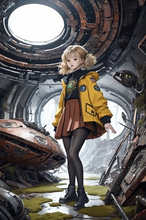 An artistic vision of a female adventurer surveying an interior of alien spaceship. She is wearing an open jacket, warm skirt, black tights, and ankle boots. Fierce and confident expression, suggestive poses exuding seductive charm. Blonde hair styled into ringlets that framed the face. An abandoned alien UFO, destroyed cybernetic circuits on the walls, rust, moss, scattered metal, and vibrant colors. Side view. Highly detailed. Cluttered maximalism. Close-up shot. Super wide angle, 