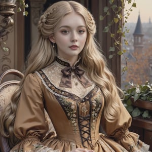 Hyperrealistic art young lady dressed in an ochre Victorian dress embroidered with foliage and vines patterns. Long blonde hair, wavy hair, slightly disheveled, and hair between her eyes. She is sitting on a sleigh.  Extremely high-resolution details, photographic, realism pushed to extreme, fine texture, incredibly lifelike. Cluttered maximalism. Womancore. Dusk. High angle. Practical lighting. Masterpiece. ,lolita_dress,ani_booster,real_booster,Victorian,,