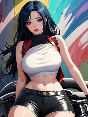 Painting in the style of prismatic portraits, beautiful landscapes, hyperrealistic precision, digital art techniques, impressionist: dappled light, bold, colorful portraits, wide angle. A young Korean girl in a crop top and leather shorts sitting on a Kawasaki Ninja 400 motorcycle next to the wall. High nose bridge, doe eyes, sharp jawline, plump lips, k-pop makeup. Soft lighting wraps around her face, accentuating every curve and crease. Cluttered maximalism. Womancore. Mote Kei. Extremely high-resolution details.,Anime