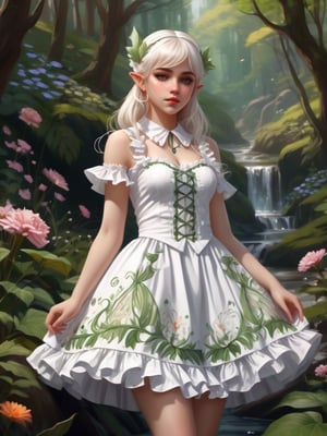 Illustrate an elf girl in frilly white lolita clothing in a bold graphic style. Experiment with with wild unrealistic colors. Landscape. Design an intricate, organic pattern with flowing lines and botanical motifs.
