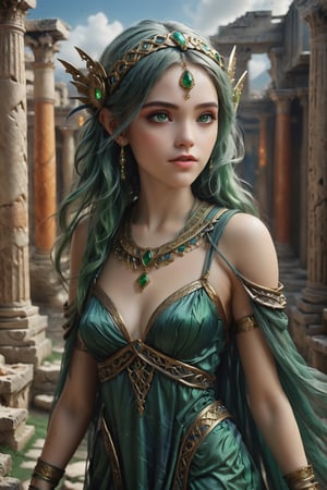 An artistic vision of an ethereal and thin elf lady dressed in ancient Greek robe, walking through a ancient ruins. Her hairstyle consisted of a roller of hair covered with a net low above the forehead and a silk cap placed above it connected to the roller with a central jewel placed on it. A short, shoulder-length white veil was pinned behind her head. Digital artwork, illustrative, painterly, matte painting, Highly detailed. Cluttered maximalism. Photorealistic. High angle. Close-up shot.,art_booster,portraitart,real_booster,rebela,(((green hair))),F41Arm0rXL 