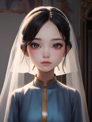 Digital art style, psychedelic, abstract, muted colors portrait of an Asian girl dressed in a luxurious Damask blue gown with intricate details and wearing a delicate, transparent veil over her hair, which is styled elegantly. She is portrayed in a three-quarter view, turning slightly to her right, suggesting movement and grace. Her face exudes calmness and intelligence, with a gentle, serene expression and soft, luminous skin. The background of the painting is inside a dark mansion, contrasting sharply with the girl's light complexion, drawing the viewer's focus to her face.  expressionism, exquisite detail, lifelike, powerful emotional connection.