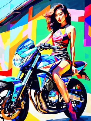 Painting in the style of prismatic portraits, beautiful landscapes, hyperrealistic precision, digital art techniques, impressionist: dappled light, bold, colorful portraits, wide angle. A young Korean girl in a crop top and leather shorts sitting on a Kawasaki Ninja 400 motorcycle next to the wall. High nose bridge, doe eyes, sharp jawline, plump lips, k-pop makeup. Soft lighting wraps around her face, accentuating every curve and crease. Cluttered maximalism. Womancore. Mote Kei. Extremely high-resolution details.