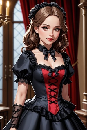 Comic illustration of the woman in a Gothic Lolita outfit. She has a small face size, and a sharply defined jawline tapering to a pointed chin. Fair, unblemished skin smooth and clear and almost translucent. Lip color fades out toward the edge of the lips, creating a subtle, natural look. Natural makeup highlights flawless skin and creates the illusion of bigger eyes. A small pouch of skin under the eyes. The outfit consists of a layered skirt in red and black with lace trim, a black blouse with ruffled sleeves, and a corseted waist cincher in a contrasting color. She wears a matching headpiece with ribbons and lace, black gloves, and high-heeled Mary Jane shoes. The style is intricate and romantic, with a color palette that emphasizes the Gothic influence. The woman's expression is soft and contemplative, adding to the mysterious and refined atmosphere of the scene. Shot on Olympus OM20. Portrait lens. urban, minimalist, high-contrast, oblique view, chic individuals posing, tailored suits, statement accessories, luxurious fabrics, bold patterns, confidence, engaging with camera, fashion district, geometric architecture, dramatic spotlight, abstract, crisp edges,