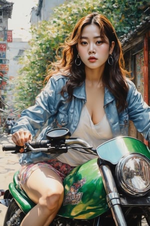 Painting in the style of prismatic portraits, beautiful landscapes, hyperrealistic precision, digital art techniques, impressionist: dappled light, bold, colorful portraits, wide angle. A young Korean K-pop star sitting on a Kawasaki Ninja 400 motorcycle next to the wall. High nose bridge, doe eyes, sharp jawline, plump lips, and an hourglass figure. Shot with analog Pentax ME Super, soft lighting wraps around her face, accentuating every curve and crease. Film grain adds texture to her porcelain complexion. Cluttered maximalism. Womancore. Mote kei. Extremely high-resolution details, photographic, realism pushed to extreme, fine texture, incredibly lifelike.