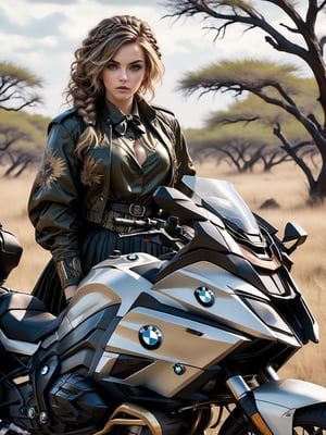 An artistic vision of a West Slavic female photographer surveying a savanna. She is wearing an extravagant and stunning jacket, pleated skirt, black tights, and ankle boots. She is standing next to a BMW K1600 Grand America motorcycle. She had her hair braided with ribbons. An empty savannah, deserted, scattered trees, and bushes, grass. Professional, highly detailed. Masterpiece. Close-up shot. High angle. Super wide angle, 