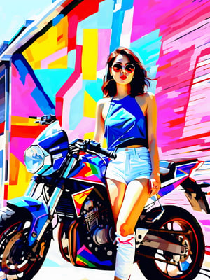 Painting in the style of prismatic portraits, beautiful landscapes, hyperrealistic precision, digital art techniques, impressionist: dappled light, bold, colorful portraits, wide angle. A young Korean girl in a crop top and leather shorts sitting on a Kawasaki Ninja 400 motorcycle next to the wall. High nose bridge, doe eyes, sharp jawline, plump lips, k-pop makeup. Soft lighting wraps around her face, accentuating every curve and crease. Cluttered maximalism. Womancore. Mote Kei. Extremely high-resolution details.