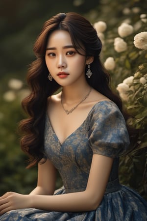 Pictorialist style photograph of a beautiful 21-year-old Korean woman with a perfect face, and big eyes sitting in the garden on a low wall. Very sensual, mocking smile, smokey eyes makeup style, incredibly pretty, highly detailed features, highest quality, highly detailed skin, smooth thighs, long hair, fine curly style hair, big blue eyes, perfect eyes, detailed eyes, detailed pupils, shy smile, black hair, Ikat dress with a modest neckline, black sheer tights, ankle strap heels. Celtic jewelry, necklace with a key. morning sunlight, sharp focus, 8k resolution, 100% erotism. Masterpiece. Highly detailed. Cluttered maximalism. Rembrandt lighting. High angle. Wide angle. Full body shot. REALISTIC,real_booster,ink ,photo_b00ster