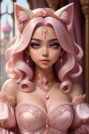 Digital art style, psychedelic, abstract, muted colors portrait of an Anime-style cat-girl princess in Middle Eastern-inspired pink Lolita fashion. Ornate rose-gold tiara with cat ears. Flowing pink gown with intricate arabesque patterns, layers of tulle and lace. Puffy sleeves, corset-style bodice. Long, wavy pastel hair. Large, expressive eyes. Delicate whisker marks on cheeks. Holding jeweled scepter. Opulent palace backdrop with arched windows, silk curtains. Soft, dreamy lighting. Blend of kawaii, royal, and Arabian Nights aesthetics