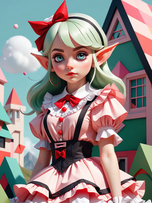 Create a simple but powerful illustration of an elf girl in frilly sweet lolita clothing in a bold composition with only geometric shapes. cluttered maximalism. Landscape. Bauhaus.
