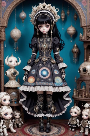 BJD. She wears mechanical space suit and on top of that an elaborate gothic lolita dress and boots. The whole outfit is covered by Indian and South-Asian embroidery and decorations. diorama, masterpiece, cluttered maximalism, detailed illustration.