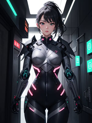 An illustration in the Kinetic art style of a Japanese girl encompassed in stainless steel cybernetic plate armor creeping down the grim spaceship corridor with neon lighting on the walls. The waist is cinched to an extremely thin waist. The crotch shield is reinforced by thick metal with visible rivets. On her neck is a thick collar with LEDs. Hair is gathered in a ponytail on the top of the head. Extremely high-resolution details. Neon lighting. 