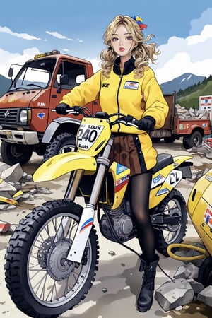 An artistic vision of a female adventurer surveying a gas station near Gangneung South Korea. She is wearing a colorful outfit with a closely fitted jacket, warm skirt, black tights, and ankle boots. She is driving a Suzuki RM-Z450 motorcycle. Fierce and confident expression, suggestive poses exuding seductive charm. Blonde hair styled into ringlets that framed the face. An abandoned gas station, deserted, destroyed trucks, rusty tank trailer, grass, scattered rubble, vibrant colors. Highly detailed. Cluttered maximalism. Close-up shot. Super wide angle, 