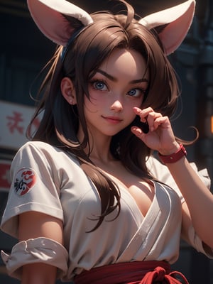 A 1990s anime screencap of a young female warrior posing in a karate stance. Half smile. Post-apocalyptic theme. Highly detailed. Cluttered maximalism. Close-up shot. Super wide angle, High angle. Kemonomimi. Soft lighting wraps around her face. Porcelain complexion.