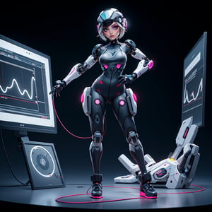 Photograph of a female cyborg. She is dressed in a dimly colored jumpsuit with several digital indicators, LED lights and oscilloscope screens. She is wearing a helmet with some cybernetic attachments, and high-heeled boots. Womancore,  diorama,  64k,  UDR,  HDR,  masterpiece,  high detail,  3D illustration,  high contrast,  ultra sharp.