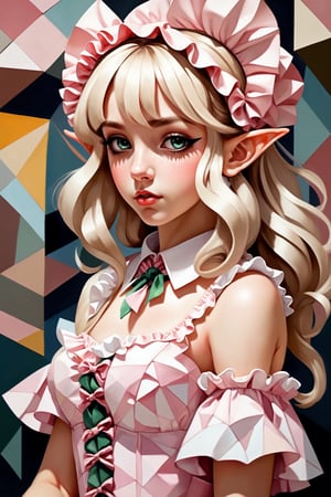 Create a fragmented painting of a female elf in a frilly sweet Lolita outfit with multiple perspectives. Cubism.
