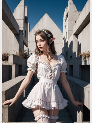 Create a simple but powerful illustration of an elf girl in frilly sweet lolita clothing in a bold composition with only geometric shapes. cluttered maximalism. Landscape. Bauhaus.
