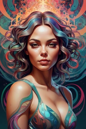 Digital art style, psychedelic, abstract, muted colors portrait of an woman as a the ultimate form of biological artwork.