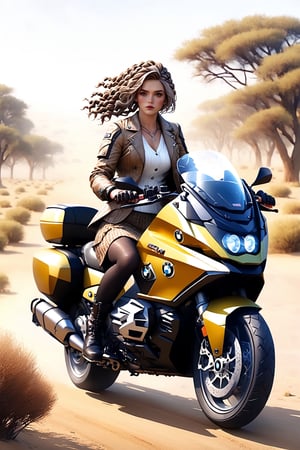 A concept art of a West Slavic female photographer surveying a savanna. She is wearing an extravagant and stunning jacket, wool skirt, black tights, and ankle boots. She is riding a BMW K1600 Grand America motorcycle on a dirt road. She had her hair braided with ribbons. An empty savannah, deserted, scattered trees, bushes, grass. Professional, highly detailed. Masterpiece. Close-up shot. High angle. Super wide angle, ,real_booster
