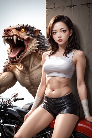 Painting in the style of prismatic portraits, beautiful landscapes, hyperrealistic precision, digital art techniques, impressionist: dappled light, bold, colorful portraits, wide angle. A young Korean girl in a crop top and leather shorts sitting on a Kawasaki Ninja 400 motorcycle next to the wall. High nose bridge, doe eyes, sharp jawline, plump lips, k-pop makeup. Soft lighting wraps around her face, accentuating every curve and crease. Cluttered maximalism. Womancore. Mote Kei. Extremely high-resolution details.,Anime