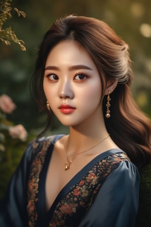 Pictorialist-style photograph of a beautiful 21-year-old Korean woman with a perfect face, and big eyes sitting in the garden on a low wall. Very sensual, mocking smile, smokey eyes makeup style, incredibly pretty, highly detailed features, highest quality, highly detailed skin, long hair, fine curly style hair, big blue eyes, perfect eyes, detailed eyes, detailed pupils, black hair, Ikat dress with a modest neckline, black sheer tights, ankle strap heels. Celtic jewelry, necklace with a key. morning sunlight, sharp focus, 8k resolution, 100% erotism. Masterpiece. Highly detailed. Cluttered maximalism. Rembrandt lighting. High angle. Wide angle. Full body shot. REALISTIC,real_booster,ink ,photo_b00ster