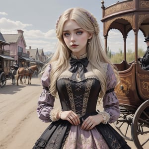 Hyperrealistic art young witch dressed in an willow Gothic Lolita dress embroidered with pastel lace patterns. Long blonde hair, wavy hair, slightly disheveled, and hair between her eyes. She is standing by a stagecoach in a town in the wild west. Extremely high-resolution details, photographic, realism pushed to extreme, fine texture, incredibly lifelike. Cluttered maximalism. Womancore. Dusk. High angle. Practical lighting. Masterpiece. ,lolita_dress,ani_booster,real_booster,Victorian