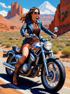 Painting of the woman in 1880 dress sitting on a Honda Rebel 1100/DCT. Archigram. Wide angle. Cluttered maximalism. Extremely high-resolution details. beautiful landscapes, hyperrealistic precision, and digital art techniques. Split complementary color harmony.