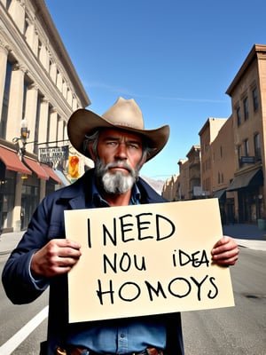 a held sign "I need ideas" held by a poor homeless person, once a great AI artist now a simple prompt hobo. Compositional tension and instability, highly florid style, and intellectual sophistication. A high-concept design with striking visual contrasts. Wide angle. Cluttered maximalism. Extremely high-resolution details. beautiful landscapes, hyperrealistic precision, and digital art techniques. Split complementary color harmony. Close-up. Cowboy shot.