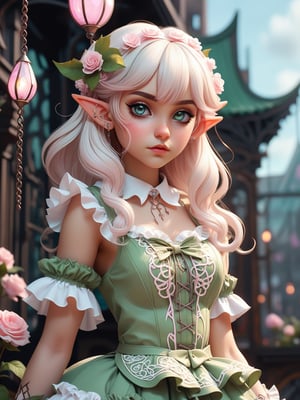 Create a simple but powerful illustration of an elf girl in frilly sweet Lolita clothing. filigree, cluttered maximalism. Landscape. Cyberpunk.