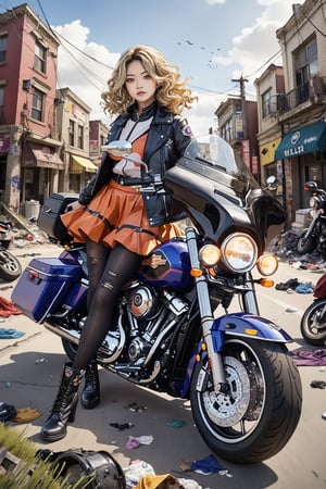 An artistic vision of a female adventurer surveying a small South Korean town. She is wearing a colorful outfit with a closely fitted jacket, warm skirt, black tights, and ankle boots with medium heels. She is driving a Harley-Davidson CVO Limited motorcycle. Fierce and confident expression, suggestive poses exuding seductive charm. Blonde hair styled into ringlets that framed the face. An abandoned town street, deserted, destroyed lamppost, rusty trashcan, grass, scattered parts of clothes, vibrant colors. Highly detailed. Cluttered maximalism. Close-up shot. Super wide angle, 