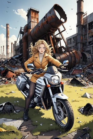 An artistic vision of a female adventurer surveying a destroyed city. She is wearing a warm outfit with a closely fitted jacket, warm woolen skirt, black tights, and ankle boots. She is driving a Kawasaki Vulcan 1700 Voyager motorcycle. Fierce and confident expression, suggestive poses exuding seductive charm. Blonde hair styled into ringlets that framed the face. An abandoned factory, deserted, rusty boilers, pipes, excavator wreck, grass, scattered garbage, vibrant colors. Highly detailed. Delicate minimalism. Close-up shot. Super wide angle, 
