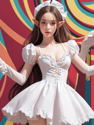Illustrate a Larger-than-life figure of an elf girl in frilly sweet lolita clothing in a bold graphic style. Bold lines. Bold colors.
